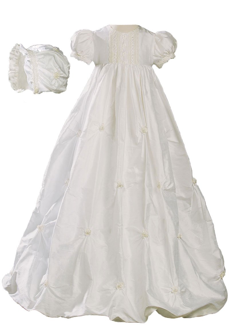 100% Silk Girls Bubble Dress Christening Gown Baptism Gown with Natural Venise Lace