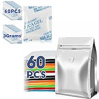 60pcs 8oz 1/2 lb Silver Coffee Bags with Valve+60 Packs 3 Grams Silica Gel Packs Desiccant Packets for Storage, Transparent Desiccant