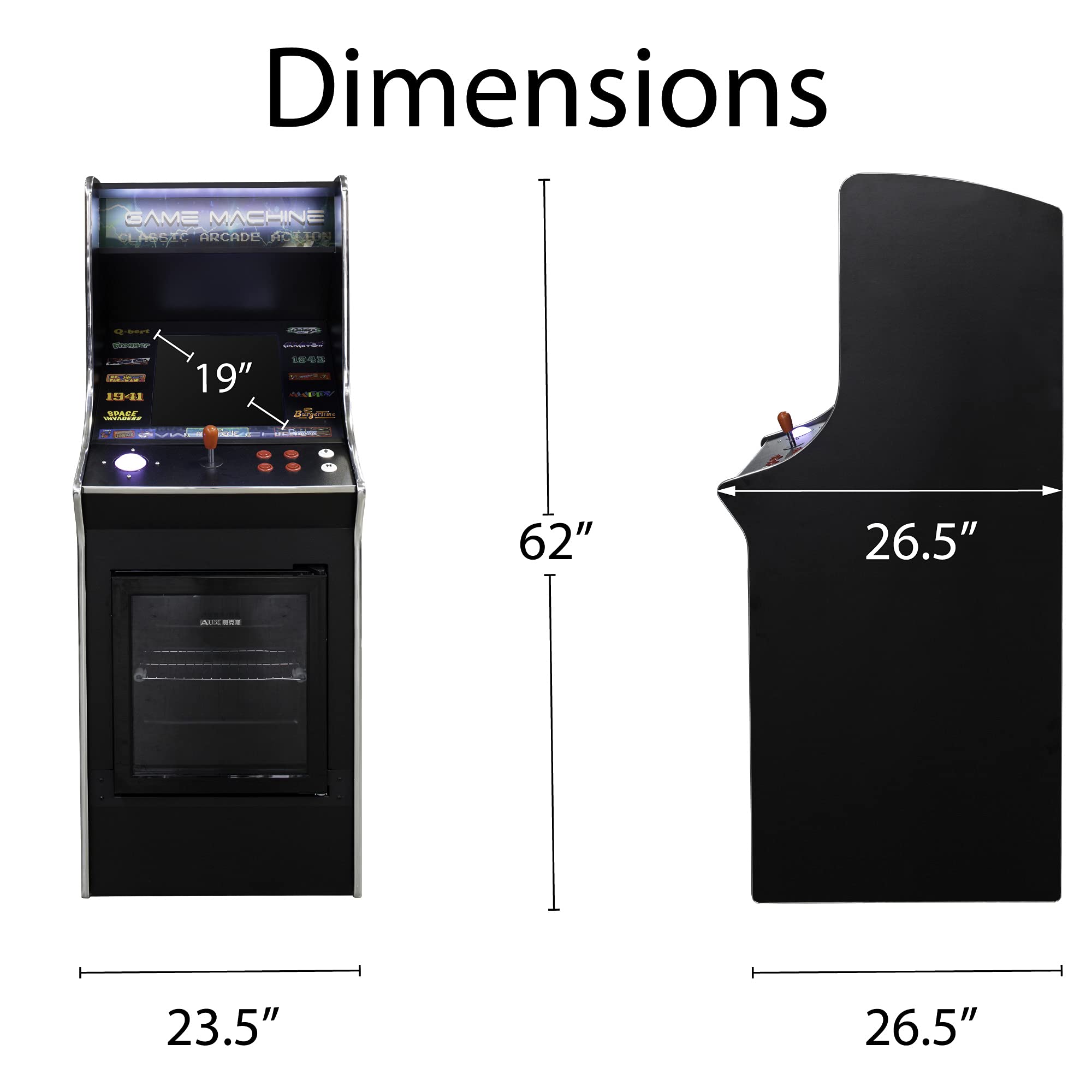 Full-Size Commercial Grade Cabinet Arcade Machine with Built-in Refrigerator - Trackball - Joystick - 516 Classic Games - 19