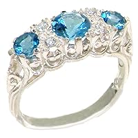 925 Sterling Silver Real Genuine Blue Topaz & Diamond Womens Band Ring (0.07 cttw, H-I Color, I2-I3 Clarity)