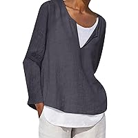 Plus Size Cotton Linen Blouses for Women Button Keyhole Neck Casual Long Sleeve Tunic Tops Trendy Going Out Shirts