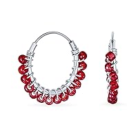 Petite Boho Bohemian Red Blue Gemstone Synthetic Turquoise Beaded Mimi Huggie Endless Hoop Earrings Western Jewelry For Women .925 Sterling Silver