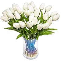 30pcs Artificial Tulips Flowers Real Touch Tulips Fake Holland PU Tulip Bouquet Latex Flower White Tulip for Wedding Decoration (White)