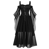 Women's Gothic Punk Dress Cold Shoulder Butterfly Sleeve Christmas Cosplay Party Dress