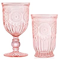 Pink Glassware Bundle - Vintage Glassware Collection for Party - Wine Glasses Set of Pink Goblets and 6 Pink Tall Tumblers - Matching Pink Drinking Glasses with Sunflower Emboss Design