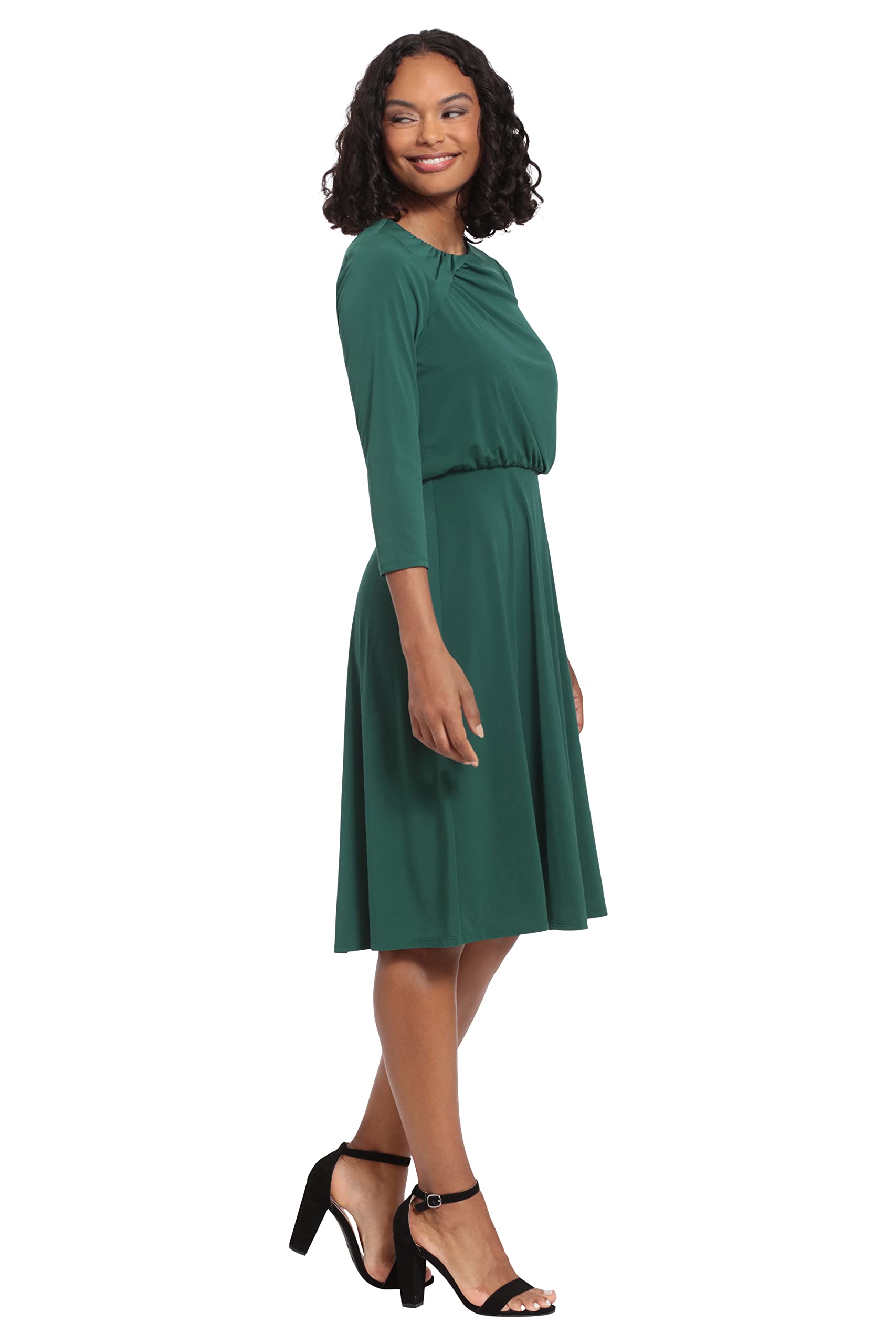 London Times Women's Versatile Jewel Draped Neck Blouson 3/4 Sleeve Jersey Dress