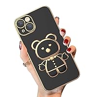 Losin Compatible with iPhone 14 Pro Max Case with Mirror Stand Cute 3D Cartoon Bear Design Luxury Plating Case with Hidden Kickstand Camera Lens Protection Shockproof Cover for Women Girls, Black