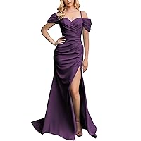 Women's Off Shoulder Satin Bridesmaid Dresses Long Mermaid Ruched Formal Prom Dress with Slit