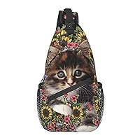 Cute Cat In Flowers Chest Bag Shoulder Bag, Cute Animals Sling Backpack Casual Travel Bag For Men And Women