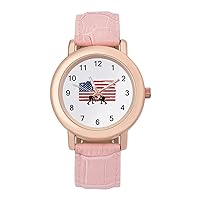 American Flag Wrestling Womens Watch Round Printed Dial Pink Leather Band Fashion Wrist Watches