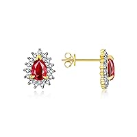 Yellow Gold Plated Sterling Silver Halo Stud Earrings - Pear Shape Ruby & Sparkling Diamonds - 6x4mm - July Birthstone Jewelry for Women & Girls, Elegant, Fashion, Gift, Anniversary, by Rylos