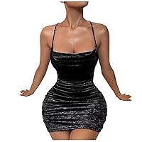Womens Sexy Velvet Adjustable Spaghetti Strap Cowl Neck Party Club Bodycon Mini Dress Sleeveless Ruched Cocktail Dress