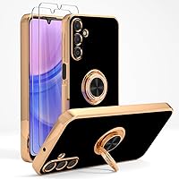for Samsung Galaxy A15 Case with Screen Protector [2 Pack], 360° Rotatable Ring Holder Plating Rose Gold Edge Magnetic Kickstand Women Men for Galaxy A15 5G/4G Phone Case Black