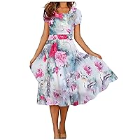Cotton Dress, 2024 Floral Boho Wrap V Neck Short Sleeve Belted Ruffle Hem A-Line Flowy Midi Dresses for Women Plus Size Summer Dresses Casual Shift Dresses (3XL, Blue)