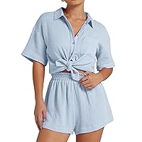 Flygo Womens Casual 2 Piece Outfits Cotton Linen Sets Button Down Shirt Shorts Resort Wear 2024 Pajama Beach Set(LightBlue-XS)