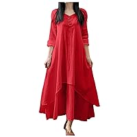 XJYIOEWT Red Dresses for Women,Ladies Two Artistic Large Swing Linen Loose Long Sleeved Cotton Linen Skirt Surplice Dre