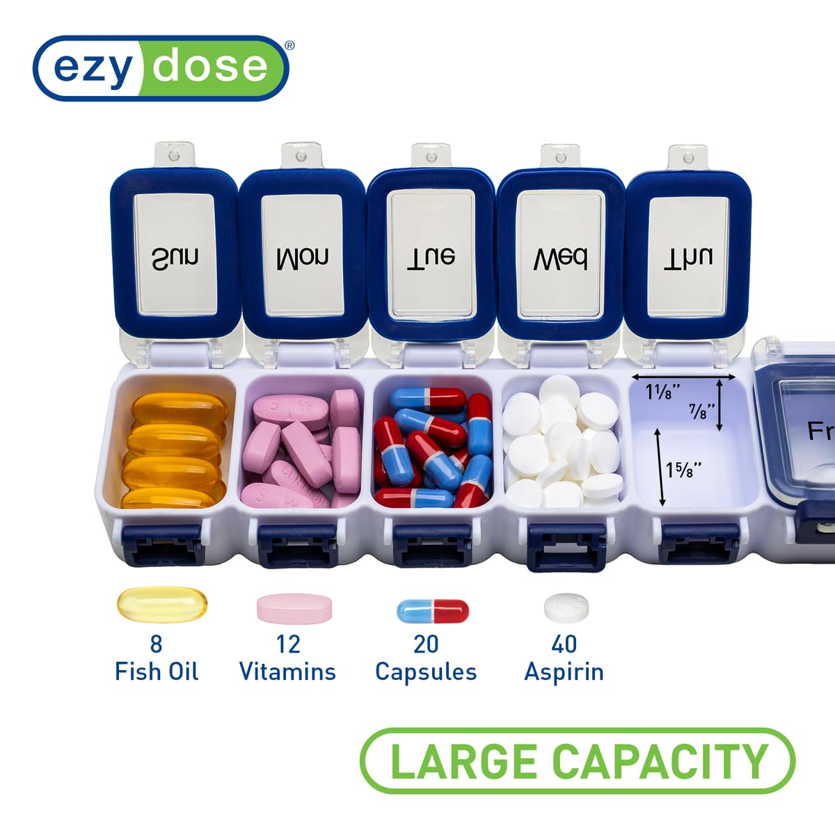 EZY DOSE Weekly (7-Day) Pill Planner, Medicine Case, Vitamin Organizer Box, Waterproof Locking Compartments to Secure Prescription Medication and Prevent Accidental Spilling, Blue