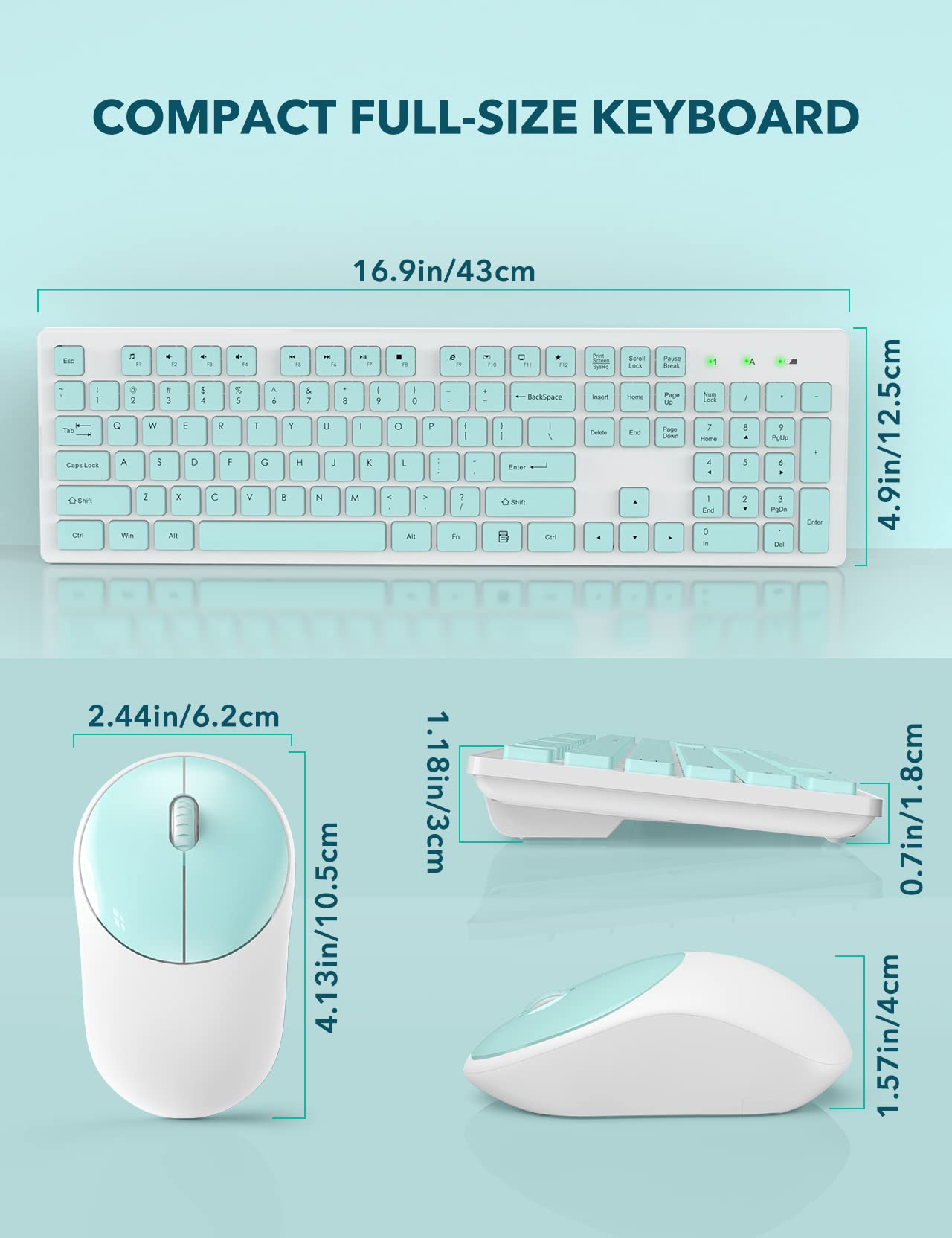 Wireless Keyboard and Mouse, WisFox Full-Size Wireless Mouse and Keyboard Combo, 2.4GHz Silent USB Wireless Keyboard Mouse Combo for PC Desktops Computer, Laptops, Windows (Mint Green and White)