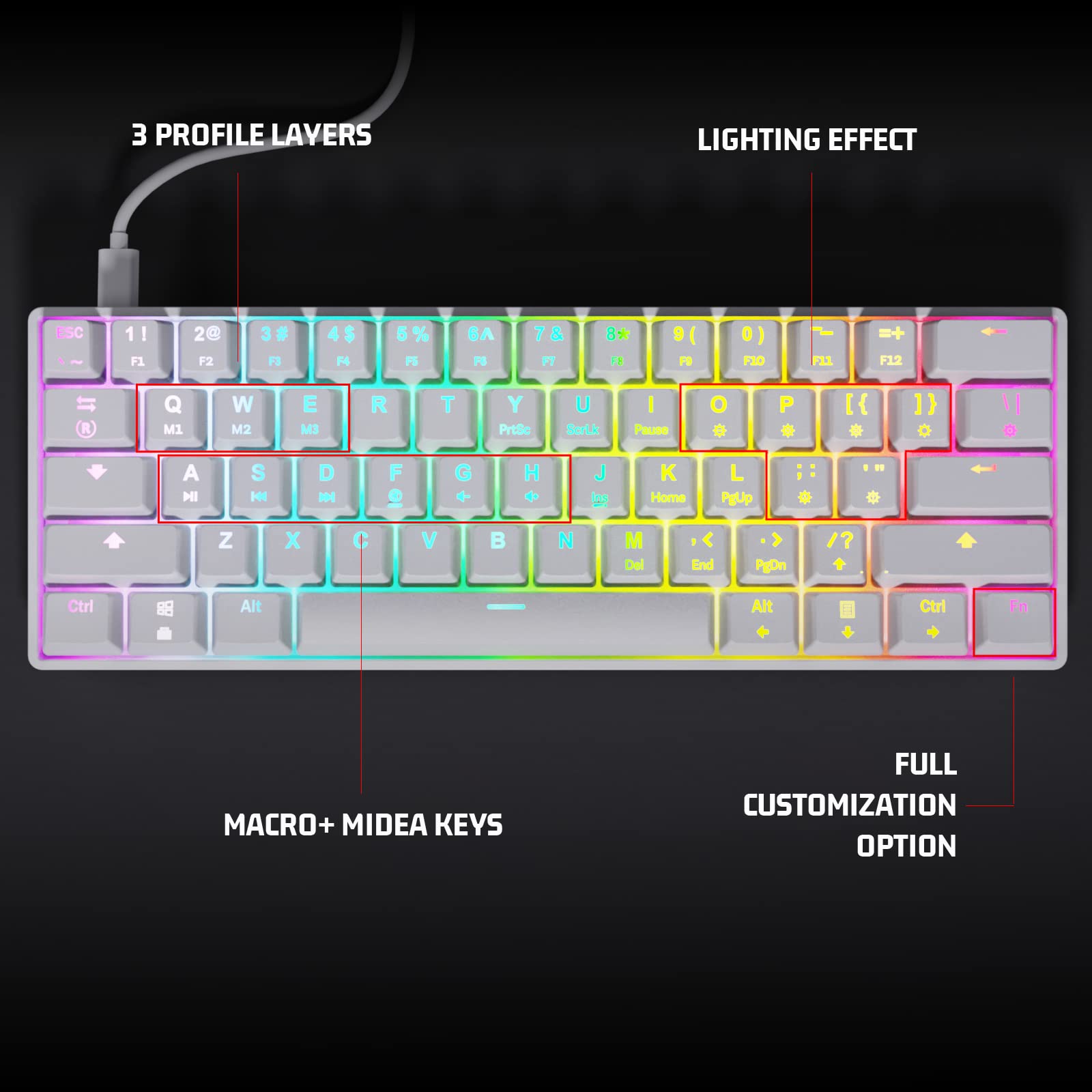 targeal 60% Mechanical Gaming Keyboard - 61 Keys Red Switch Quiet Office Computer Keyboard - Multi Color RGB Rainbow Led Backlit - Programmable for PC/Windows/Mac/Gamer - USB Wired - White