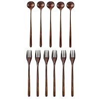 Long Spoons Wooden X 5,Wooden Forks X 6, 100% Natural Wood Long Handle Round Spoons for Soup Cooking Mixing Stirrer Kitchen Tools Utensils