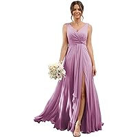 Chiffon Bridesmaid Dresses for Wedding with Pockets A-line Ruffles Long Chiffon Formal Party Dress with Slit