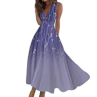 Plus Size Dresses for Curvy Women Pink Boho Long Maxi Dress Summer Sleeveless V Neck Boho Waist Retro Printed Dress