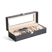 Men's Leather 6-Slot Watch Case, Household Multi-Function Bracelet Watch Display Box, Transparent Flip Cover Dustproof Watch Storage Box Black 0104B