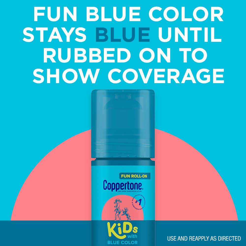 Coppertone Kids Roll-On Sunscreen with Blue Color, Zinc Oxide Sunscreen Lotion, Kids Tear Free Sunscreen, 2.5 fl oz bottle