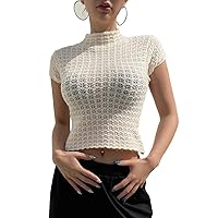 Casual Mock Neck Pointelle Knit Top Without Bra in White