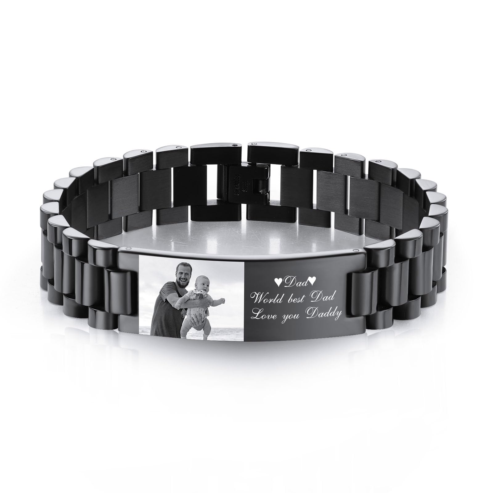 INBLUE Personalized Bracelet for Dad Men - Engraved Names Text Photo Men's Link Bracelet Gift for Birthday Anniversary Father Husband Grandpa Son Boyfriend