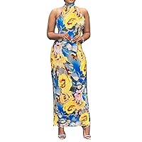 Women's Sleeveless Lace Up Halter Tie Dye Printed Ruched Ruffles Bodycon Sexy Nightclub Party Dress