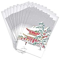 Oriental Pagoda Holiday Greeting Cards | 10 Pack Bulk Set + 10 Envelopes (4x6)