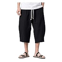 WENKOMG1 Casual Cotton Linen Shorts for Men,Japaness Baggy Loose Elastic Waist Drawstring Solid Summer Cropped Trousers