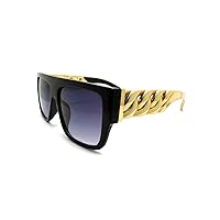 moda High Fashion Metal Chain Arm Flat Top Aviator Sunglasses (Shiny Black Gold)