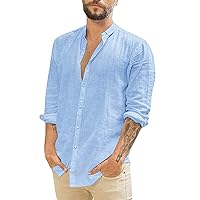 Men's Trendy Solid Long Sleeve Button Down Shirts Cotton Linen Loose Fit Lightweight Summer Beach Lapel Collared Tops
