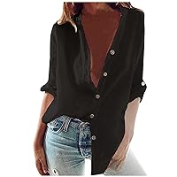 Long Sleeve Tops for Women, Womens Solid Buttons Stand Collar Shirts Casual V Neck Long Blouse Tops Black