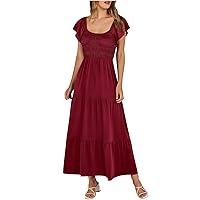 Cocktail Dresses for Women 2024 Solid Color Pleated Layered Patchwork with Short Sleeve Square Neck Dress