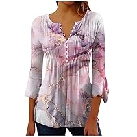 Womens Summer Tops Trumpet Marble Print 3/4 Sleeve T Shirts V Neck Button Smocked Tee Blouse Fashion Cloth Tunic