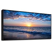 Sea Beach Framed Canvas Wall Art For Living Room Large Size Wall Decor For Bedroom Home Decor Blue Ocean Canvas Pictures Artwork Sunny Sea View Painting Office Wall Decorations Black Framed 20