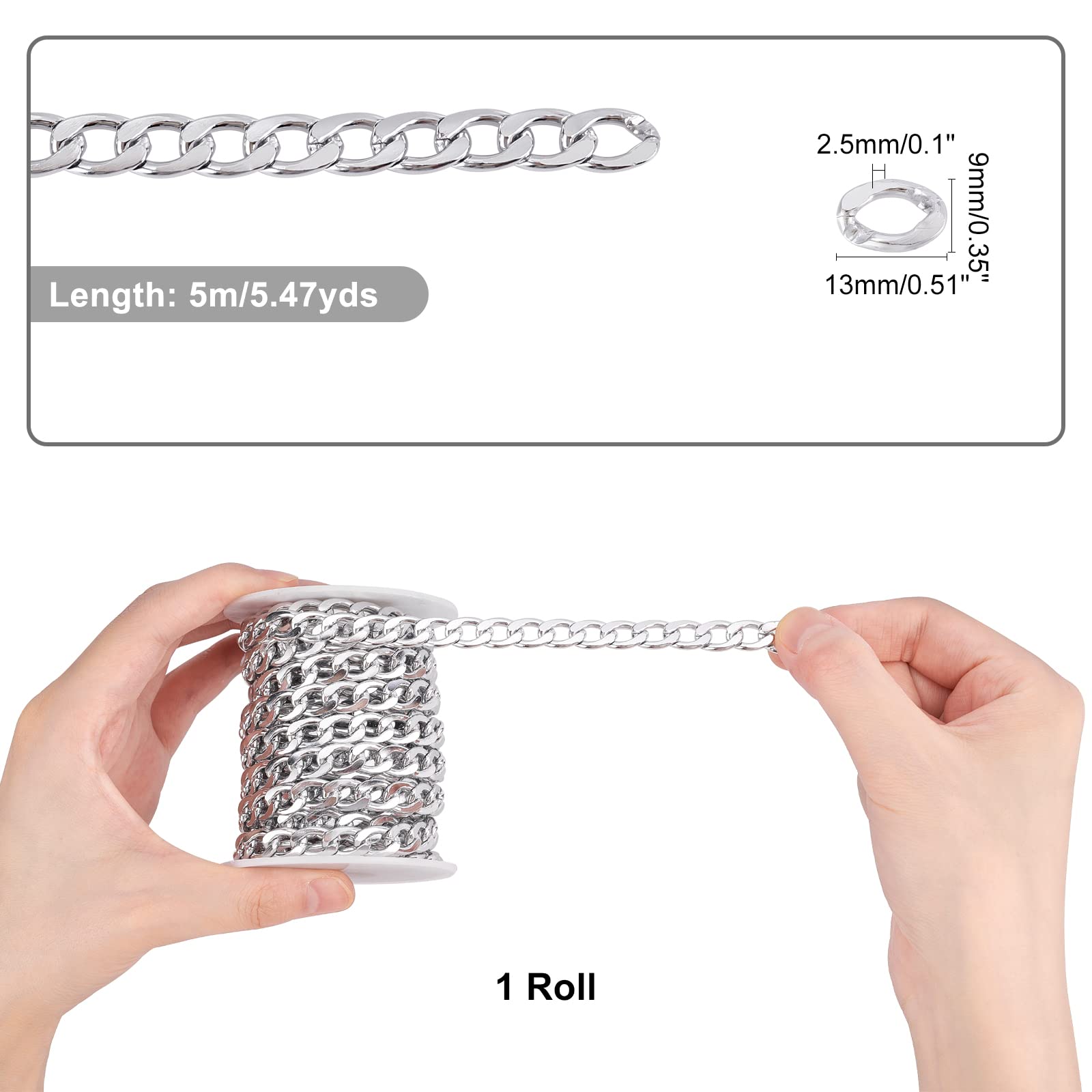 CHGCRAFT 16.4 Feet Aluminium Curb Chains Smooth Surface Charm Twisted Link Chains with Spool Silver Color Chains for DIY Necklace Bracelet Jewelry Making Chain, 0.5x0.35x0.1inch Link