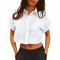 Tankaneo Womens Button Down Shirts Cropped Short Sleeve Casual Crop Tops Blouses with Pockets
