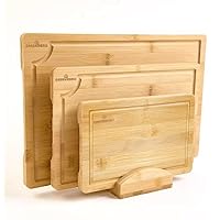 Bamboo Cutting Boards for Kitchen, Wood Cutting Board with Holder, Bamboo Cutting Board Set Reversible with Juice Grooves for Meat Cheese Fruit and Vegetables (Four Piece Set)