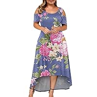 Plus Size Holiday Stylish Dress for Women Short Sleeve Office Printing Cocktail V Neck Soft Polyester Fitted Purple 4XL
