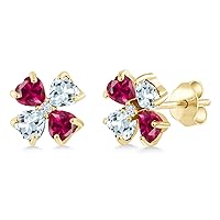 Gem Stone King 18K Yellow Gold Plated Silver Red Created Ruby and Sky Blue Aquamarine Earrings For Women | 2.23 Cttw | Gemstone July Birthstone | Heart Shape 4MM