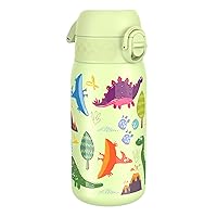 Ion8 Kids Water Bottle, Steel 400 ml/13 oz, Leak Proof, Easy to Open, Secure Lock, Dishwasher Safe, Flip Cover, Carry Handle, Easy Clean, Durable, Scratch Resistant, Raised Print, Dinosaurs Design