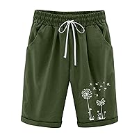 Cotton Linen Shorts for Women Knee Length Bermuda Shorts Elastic Waist Summer Loose Workout Shorts Lightweight Beach Short