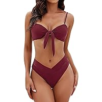 Women's Bikini Set 2 Pieces Bathing Suit High Waisted Halter V Neck Wrap Front Swimsuits Solid Top Thong Swimwear