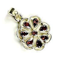 Natural Pear Garnet Pendant For Her Charms Jewelry Flower Design Necklace Silver Handmade