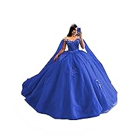 2024 Puffy Long Sleeve Ball Gown Tulle 3D Flowers Applique Quinceanera Evening Prom Dresses with Cape
