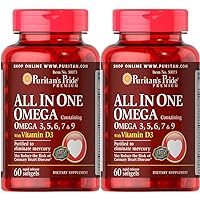 Puritan's Pride All in One Omega 3, 5, 6, 7 and 9 with Vitamin D3, 60 Count(Pack of 2)